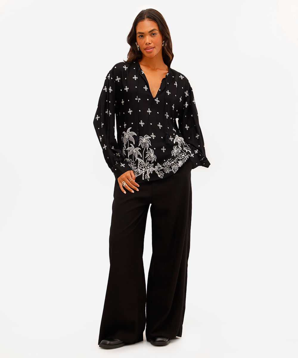 bata feminina de viscose folhagens preta