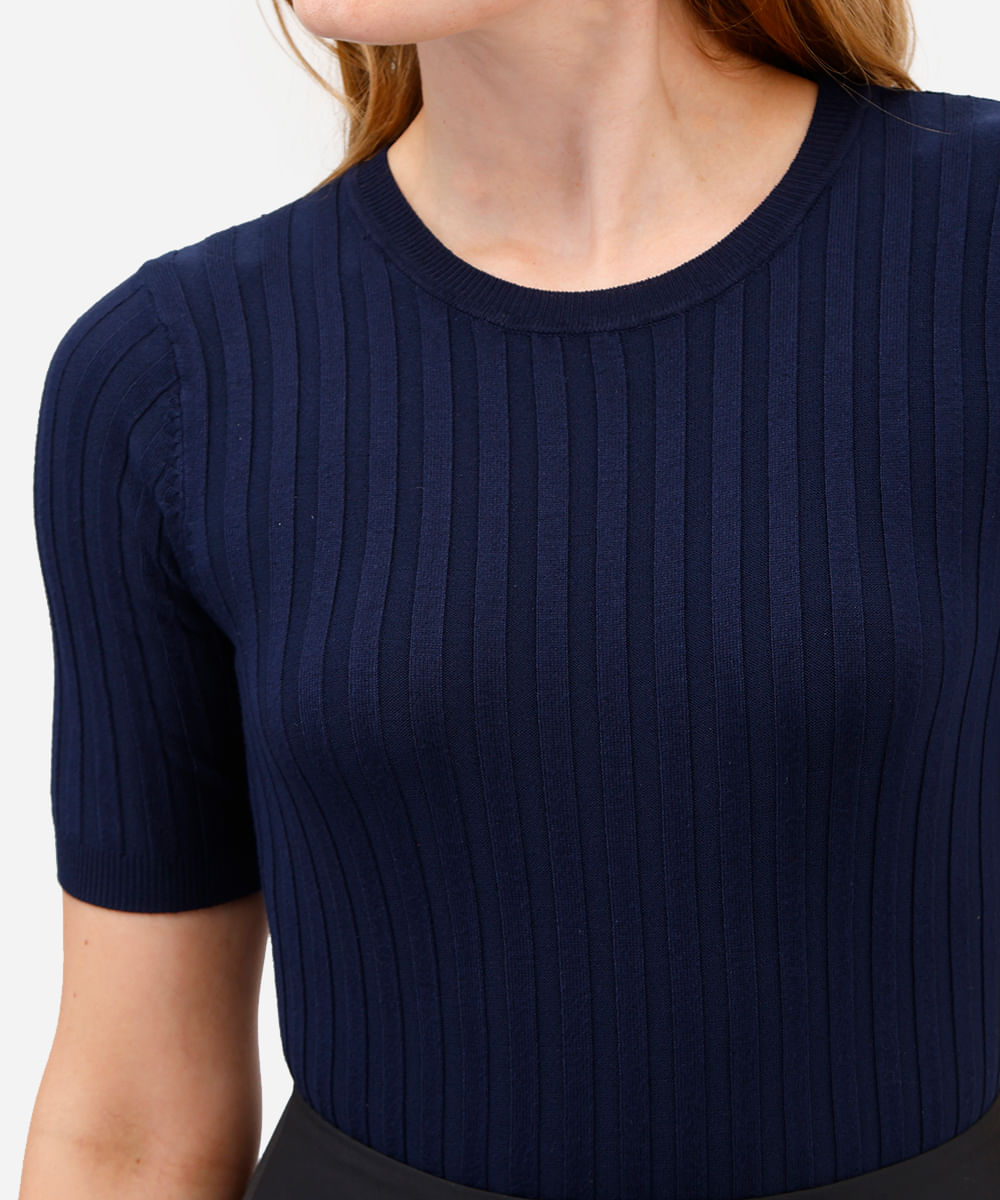 blusa de tricot canelada manga curta - marinho_escuro