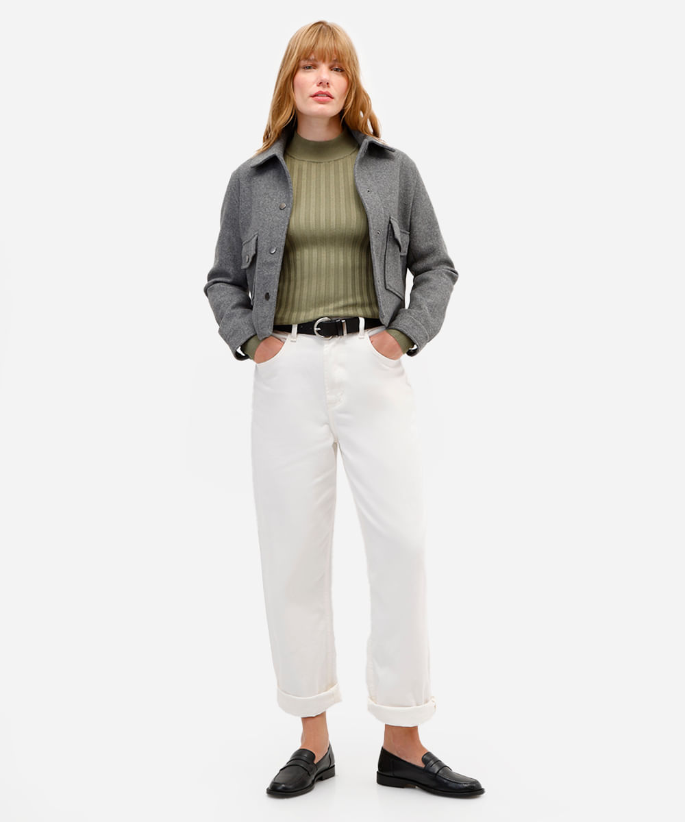 suéter de tricô canelado gola alta vermelho - verde mate