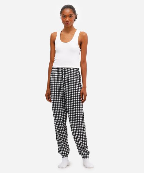 calça de pijama feminina avulsa xadrez off white