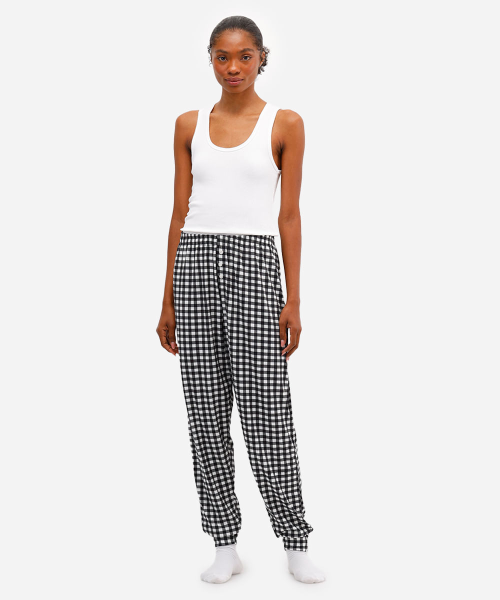 calça de pijama feminina avulsa xadrez off white