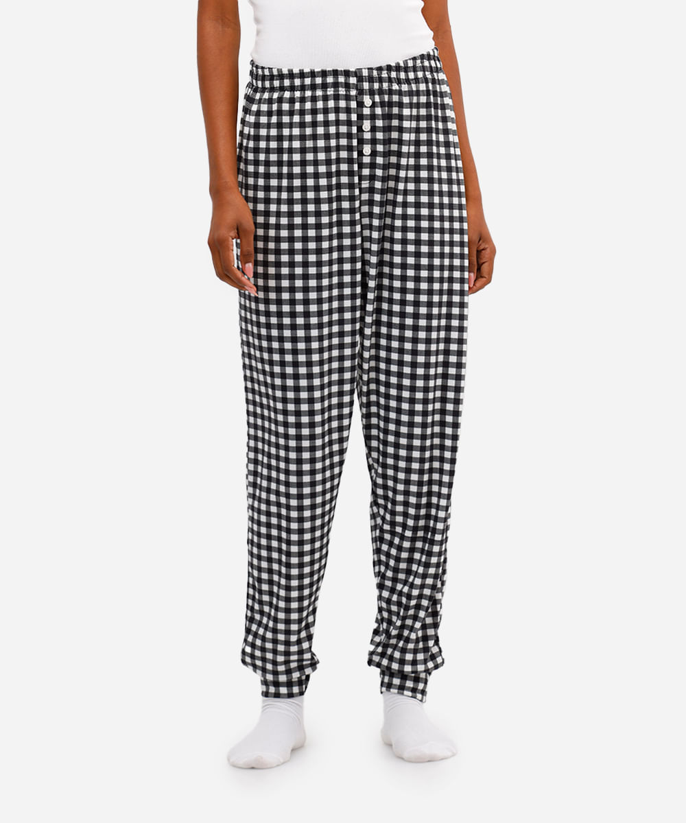 calça de pijama feminina avulsa xadrez off white