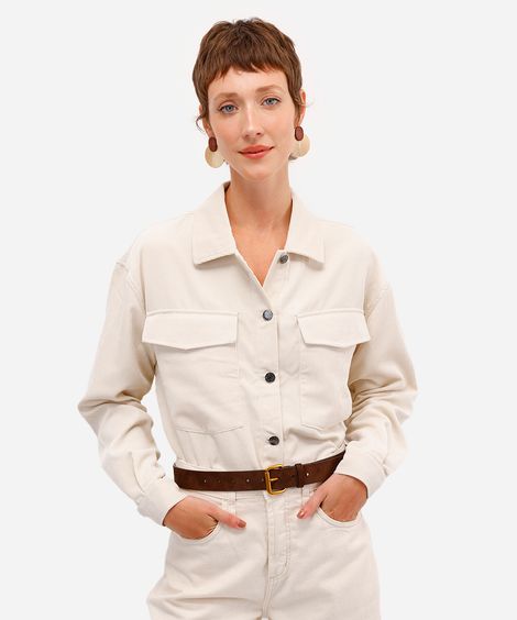 camisa feminina shacket com bolso oversized bege