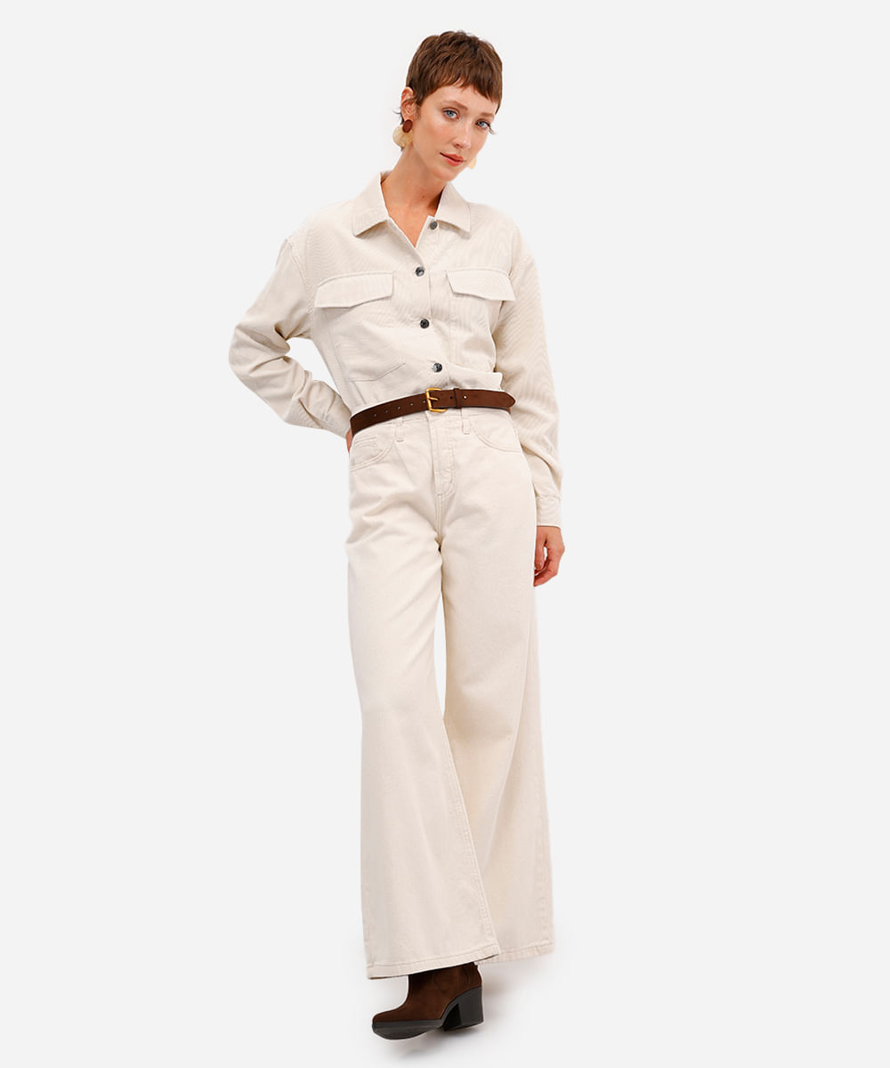 camisa feminina shacket com bolso oversized bege