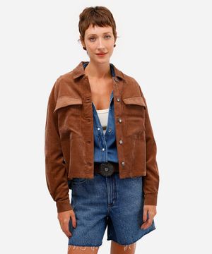 camisa feminina shacket com bolso oversized marrom