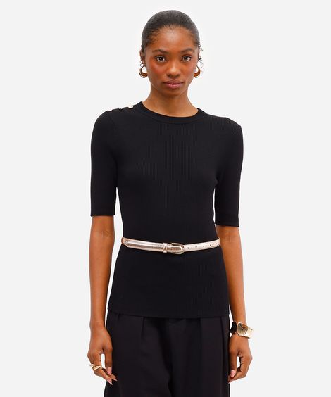 blusa feminina de tricot com botões canelada preta
