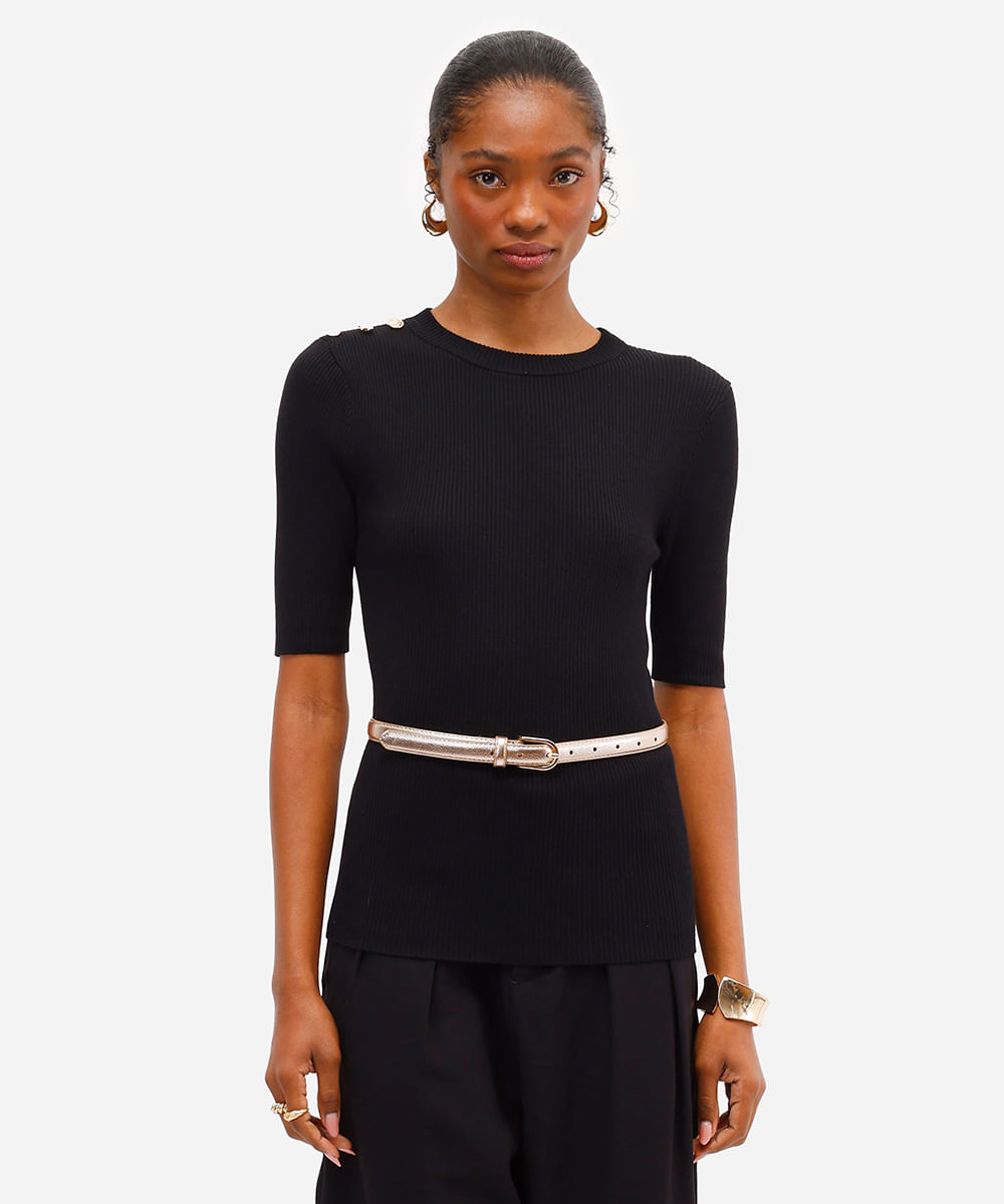 blusa feminina de tricot com botões canelada preta