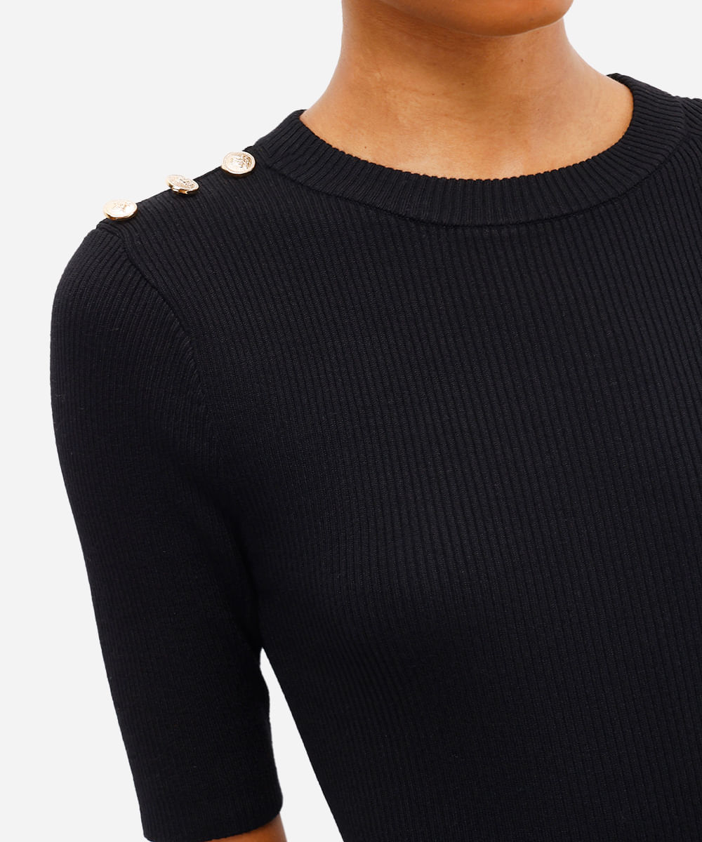 blusa feminina de tricot com botões canelada preta