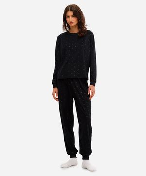 pijama longo feminino plush poá preto
