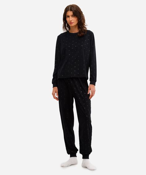 pijama longo feminino plush poá preto