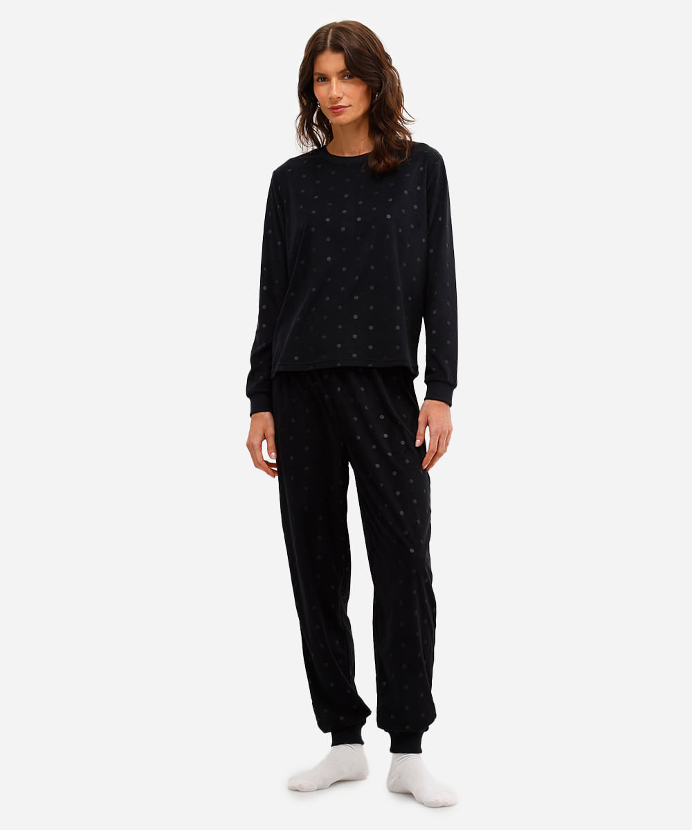 pijama longo feminino plush poá preto