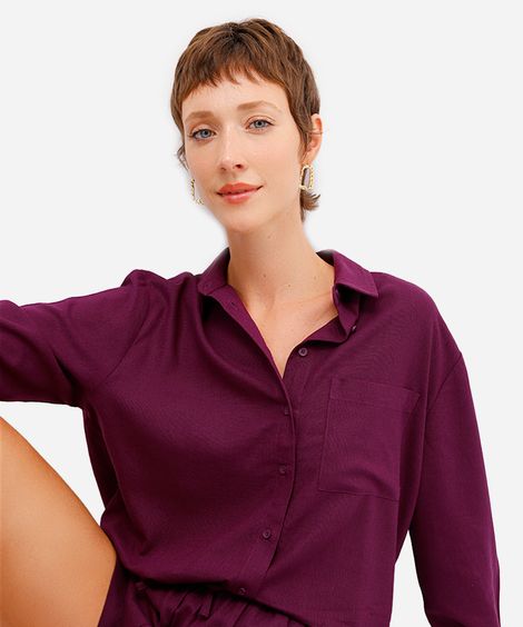 camisa oversized feminina com linho manga longa roxa