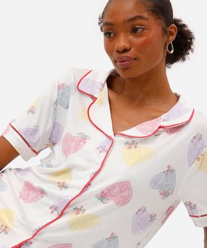 pijama americano curto feminino de viscose corações off white