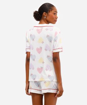 pijama americano curto feminino de viscose corações off white