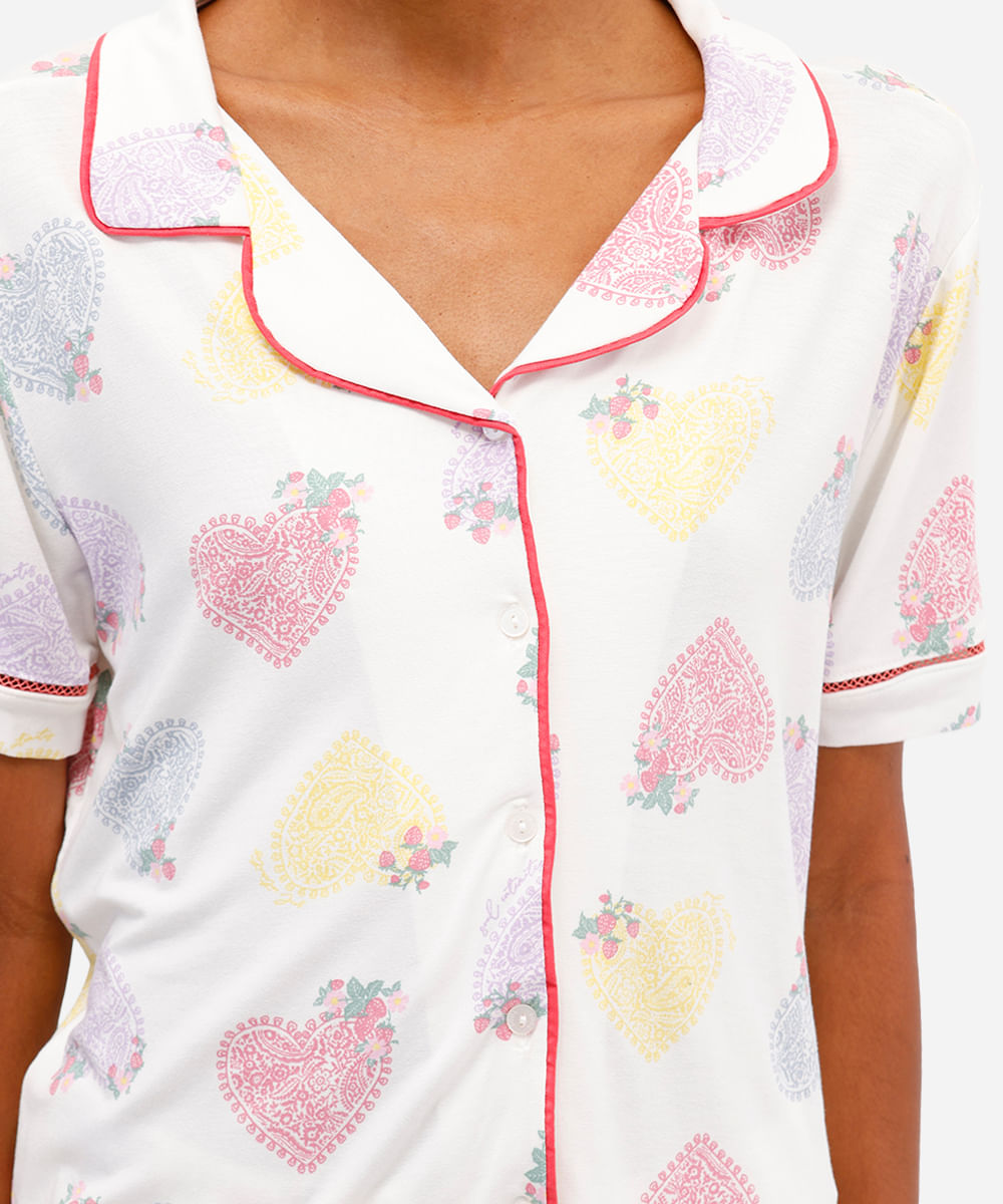 pijama americano curto feminino de viscose corações off white