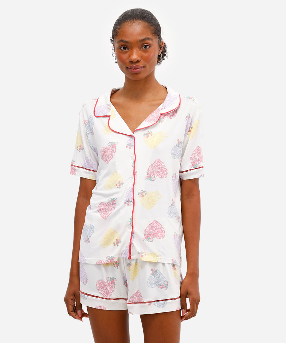 pijama americano curto feminino de viscose corações off white