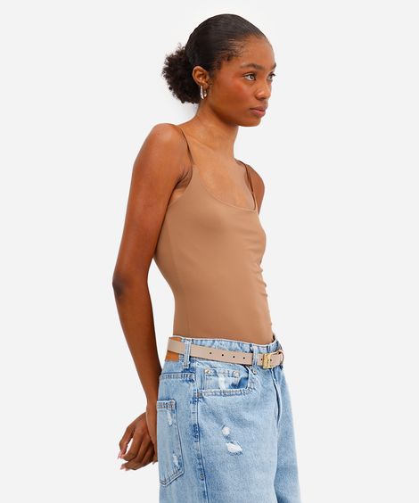 body cavado de poliamida alças finas marrom