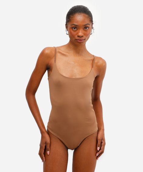 body cavado de poliamida alças finas marrom