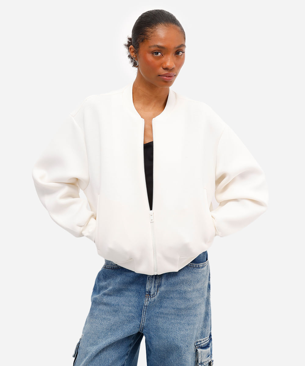 jaqueta bomber feminina de neoprene - off white
