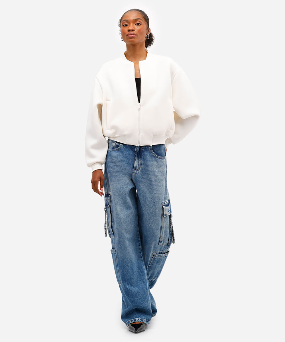 jaqueta bomber feminina de neoprene - off white