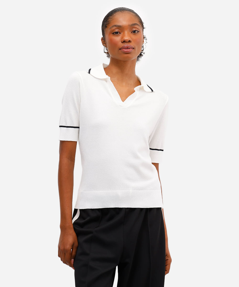 polo feminina de tricot manga curta off white