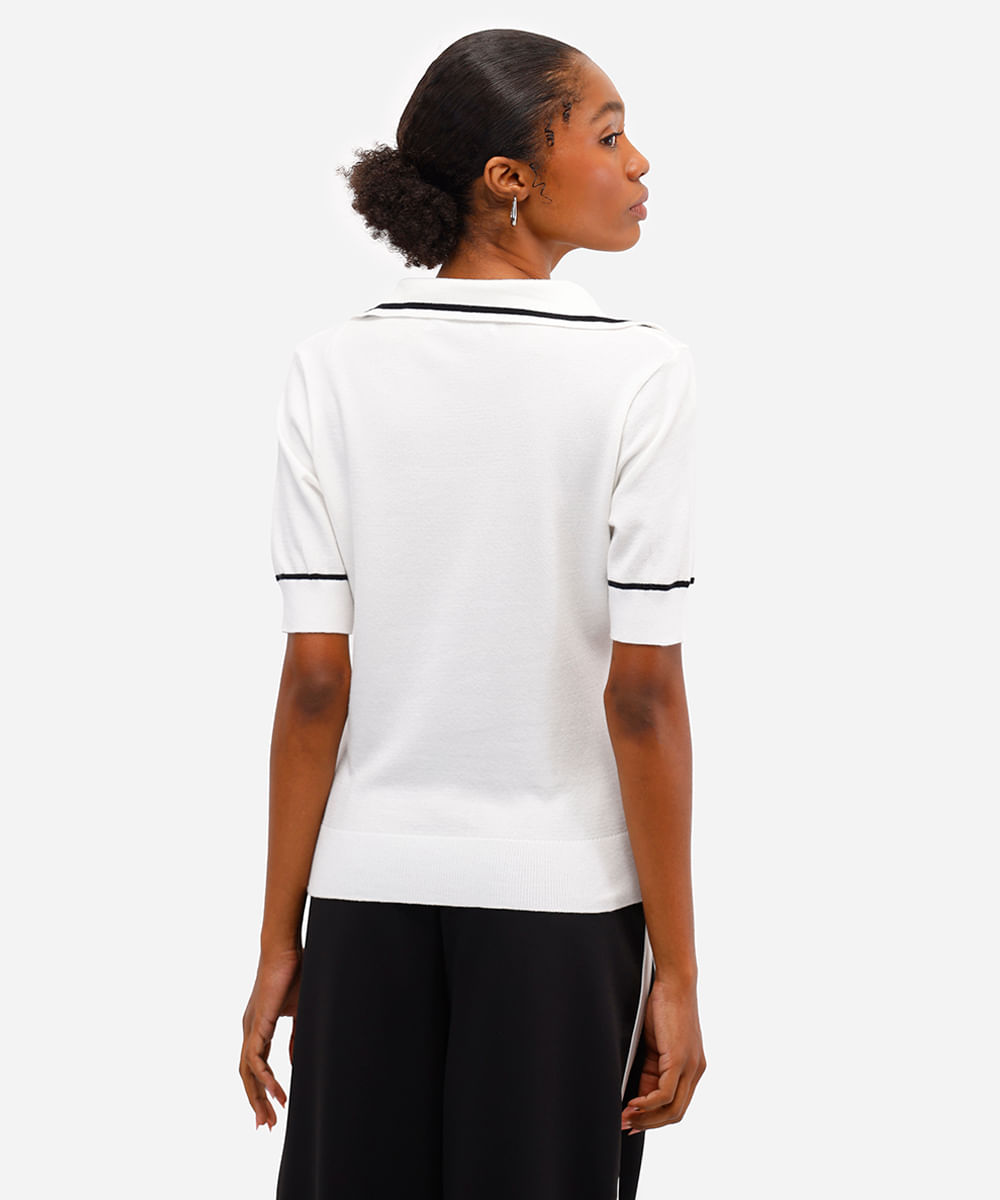 polo feminina de tricot manga curta off white