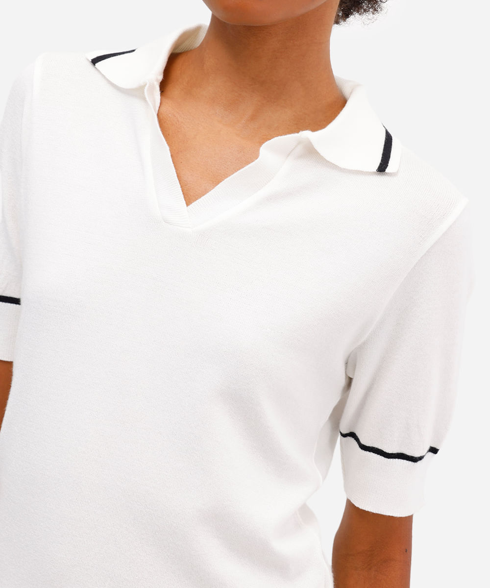 polo feminina de tricot manga curta off white