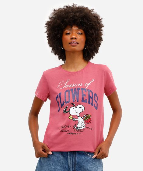 camiseta feminina de algodão manga curta snoopy rosa