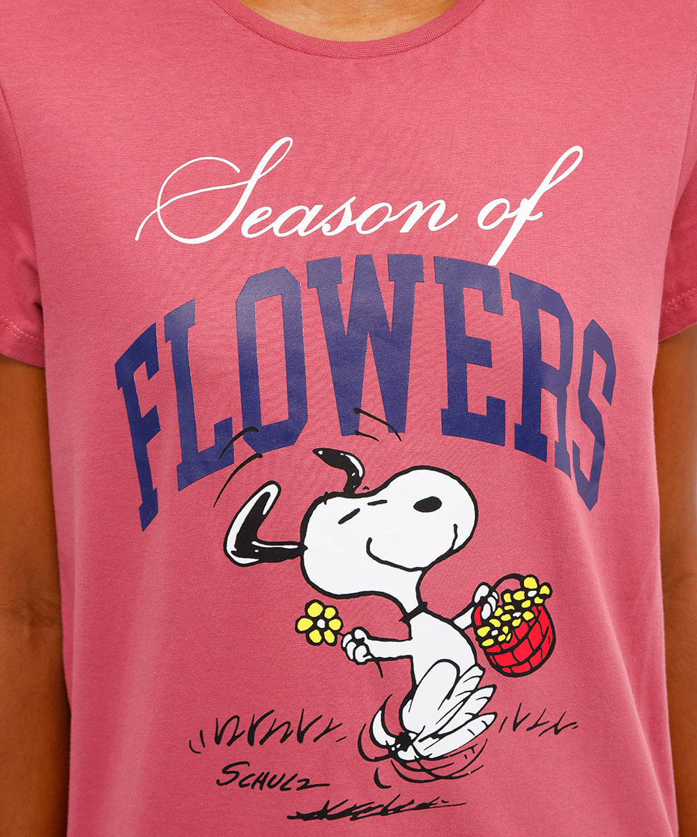 camiseta feminina de algodão manga curta snoopy rosa