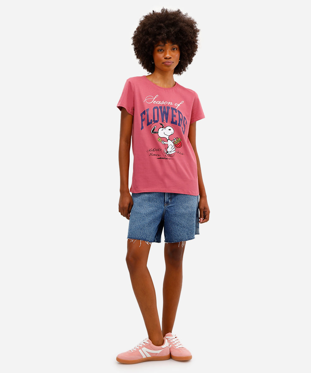 camiseta feminina de algodão manga curta snoopy rosa