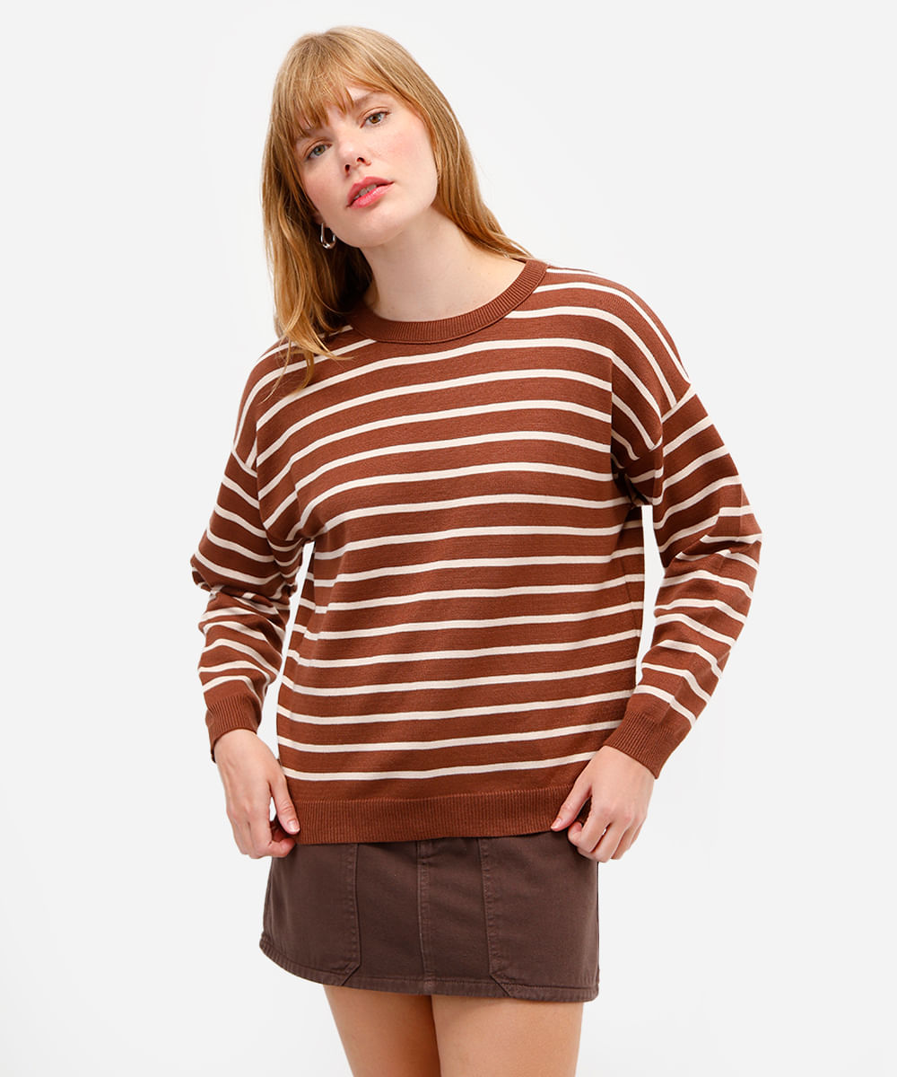 suéter feminino de tricot listrado marrom