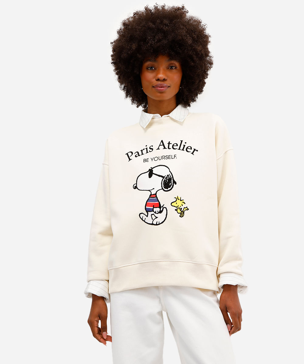 blusão feminino de moletom snoopy bege