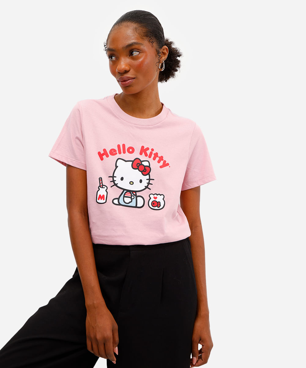 camiseta feminina de pijama avulsa hello kitty rosa