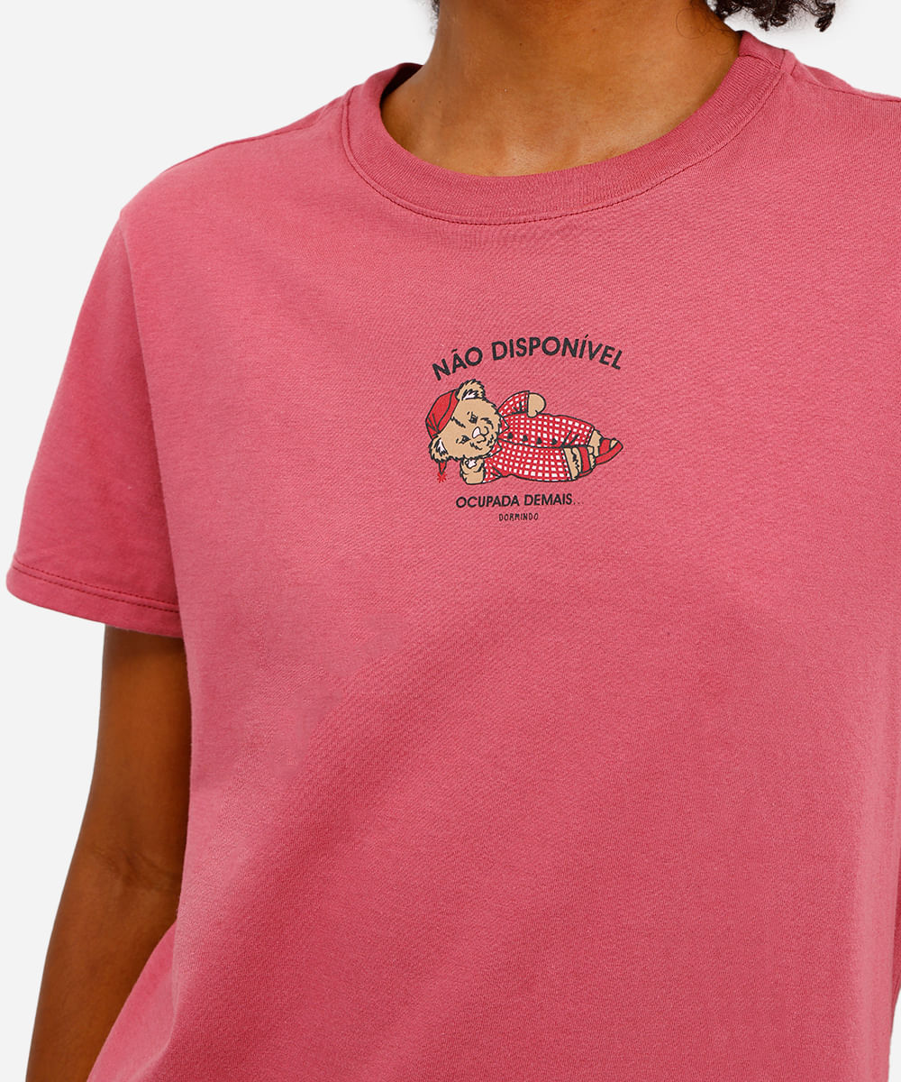 camiseta feminina de algodão ocupada demais dormindo rosa