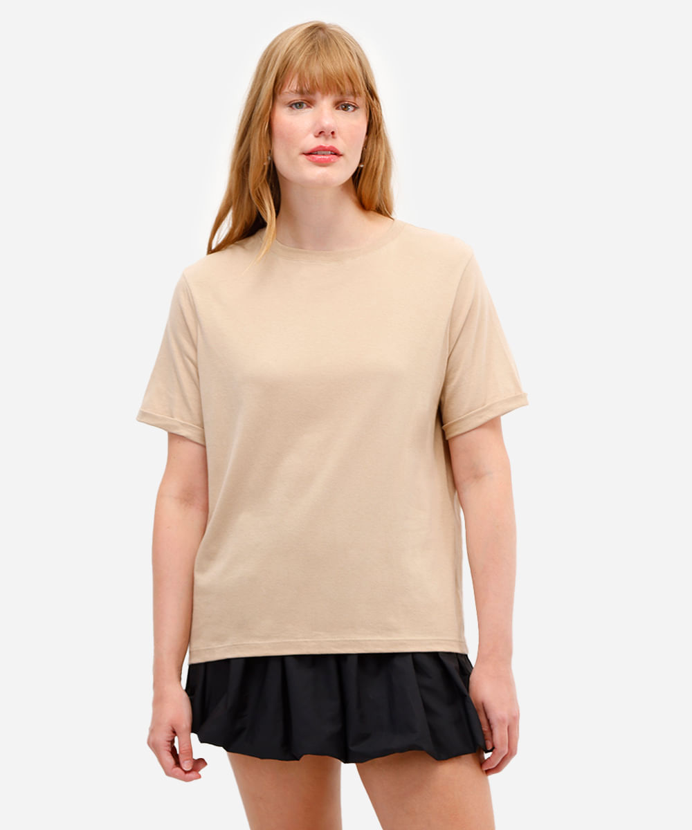 camiseta básica feminina de algodão manga curta bege