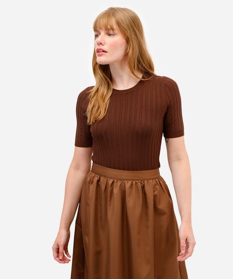 blusa feminina de tricot canelada manga curta marrom