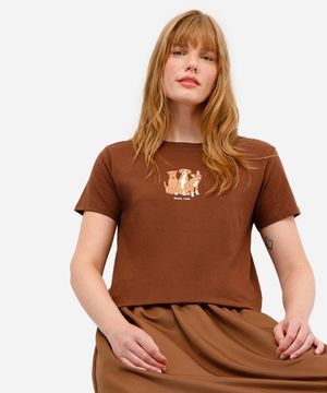 camiseta feminina de algodão cachorros brasil core marrom