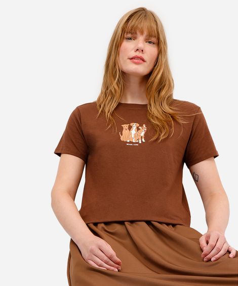 camiseta feminina de algodão cachorros brasil core marrom
