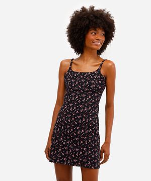 vestido curto feminino de algodão floral com fenda preto