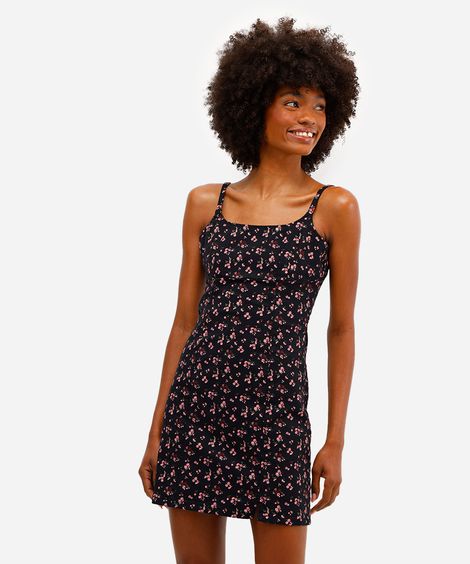 vestido curto feminino de algodão floral com fenda preto