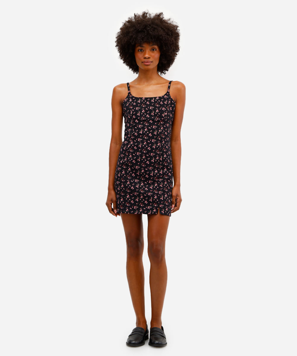 vestido curto feminino de algodão floral com fenda preto