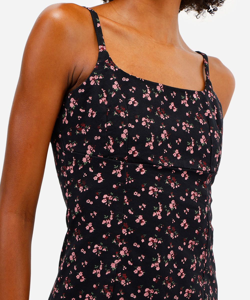 vestido curto feminino de algodão floral com fenda preto