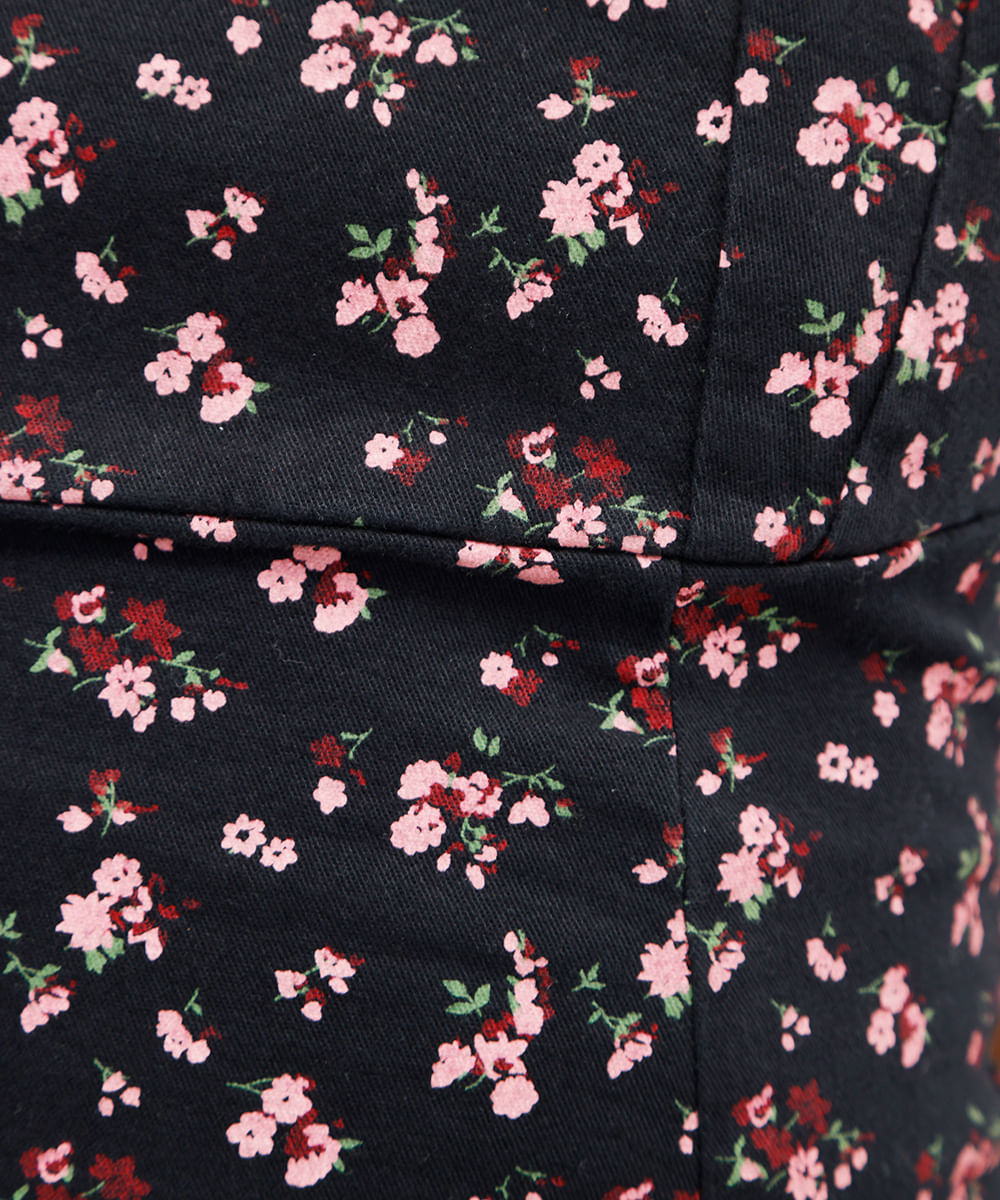 vestido curto feminino de algodão floral com fenda preto