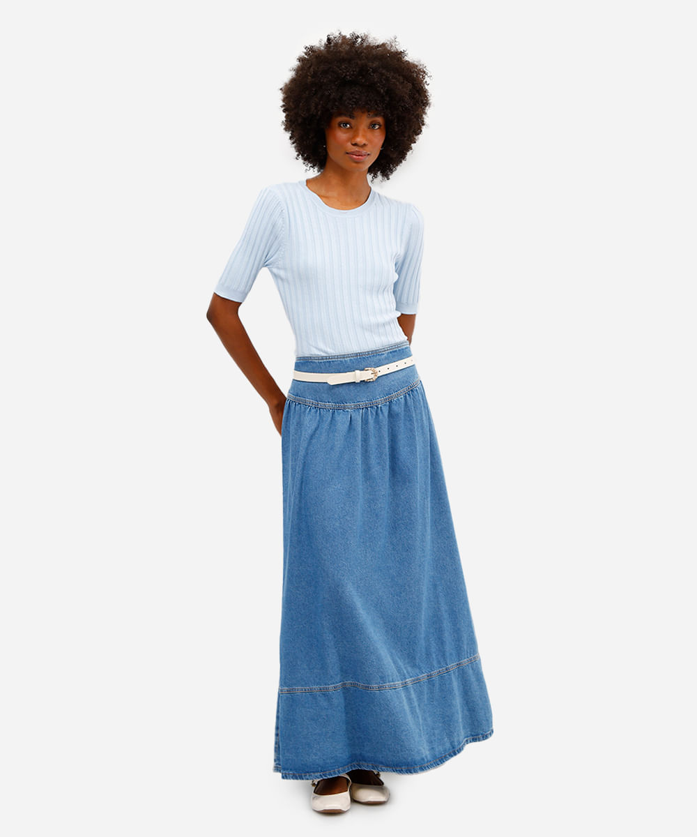 blusa feminina de tricot canelada manga curta azul