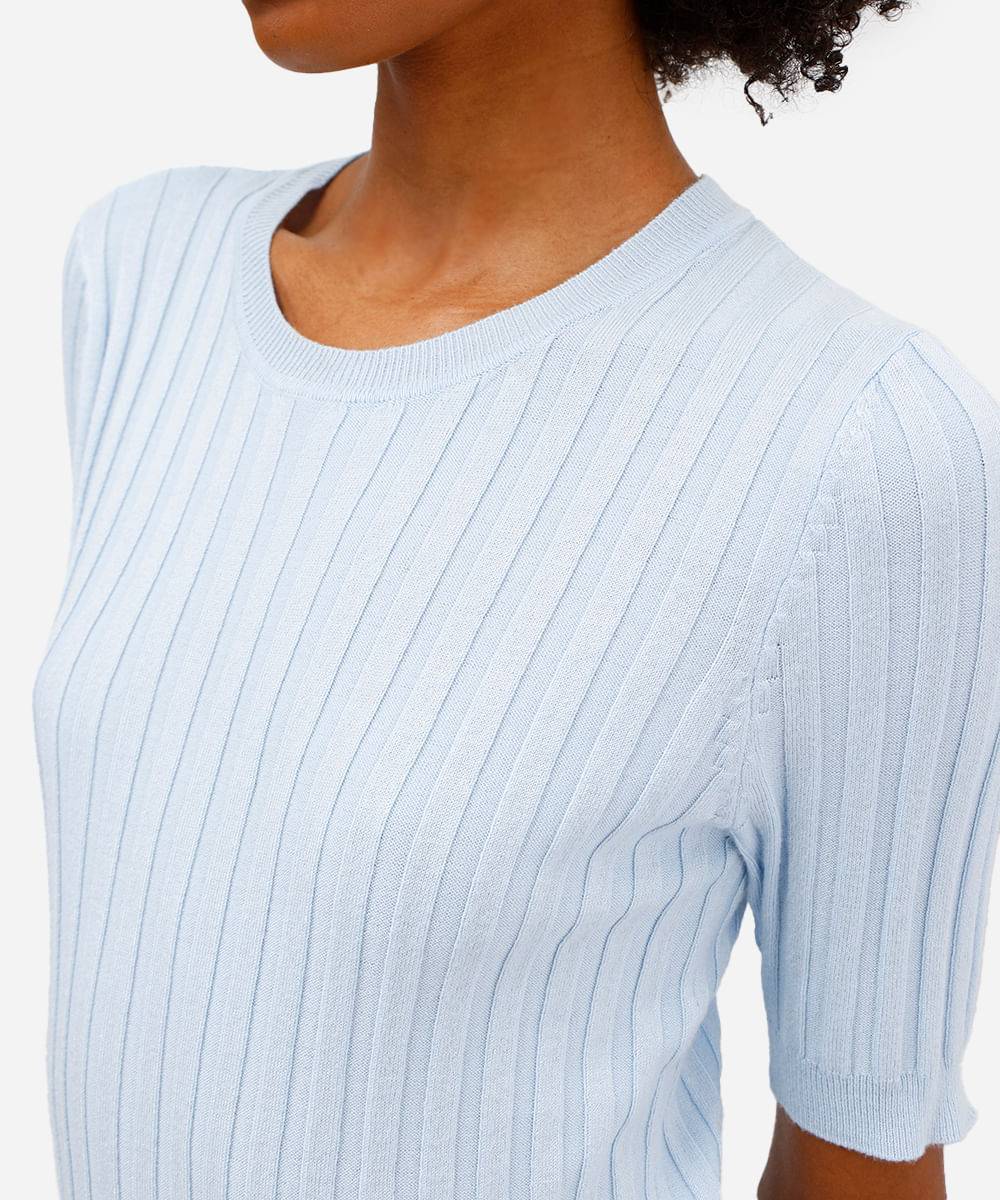 blusa feminina de tricot canelada manga curta azul