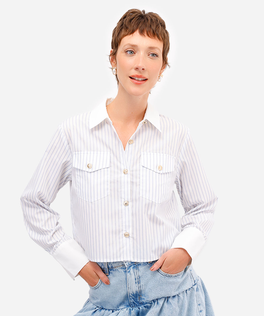 camisa feminina manga longa listrada azul