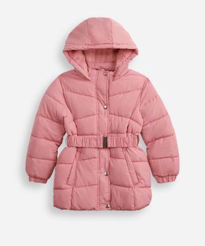 jaqueta puffer infantil alongada com faixa rosa
