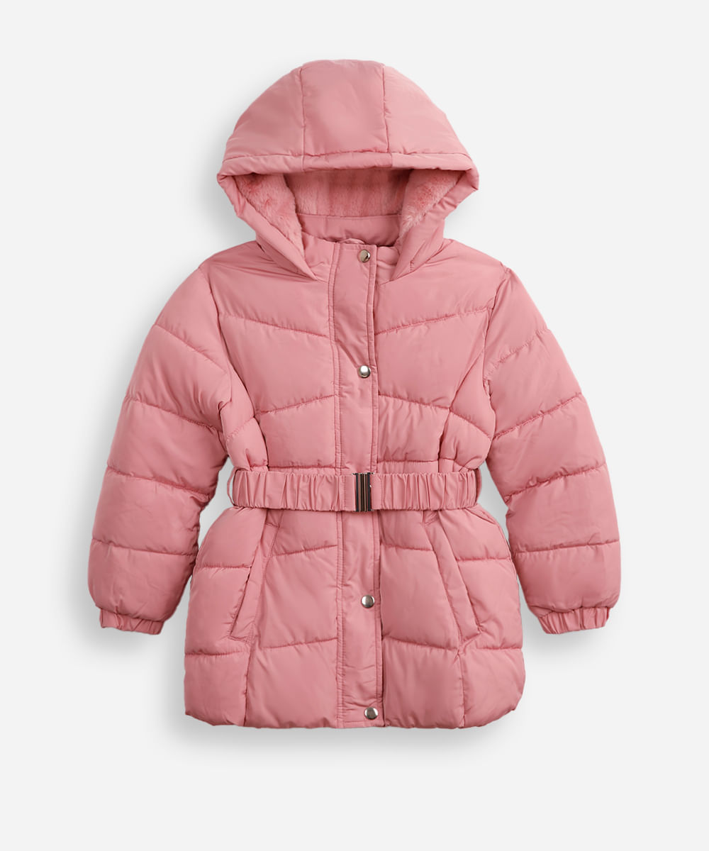 jaqueta puffer infantil alongada com faixa rosa