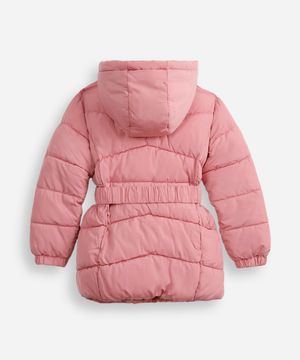 jaqueta puffer infantil alongada com faixa rosa