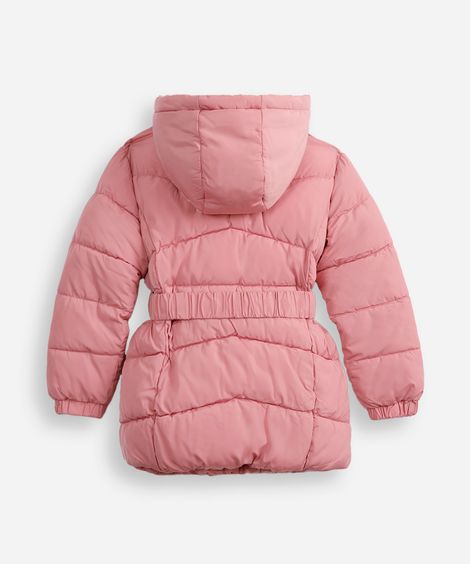 jaqueta puffer infantil alongada com faixa rosa
